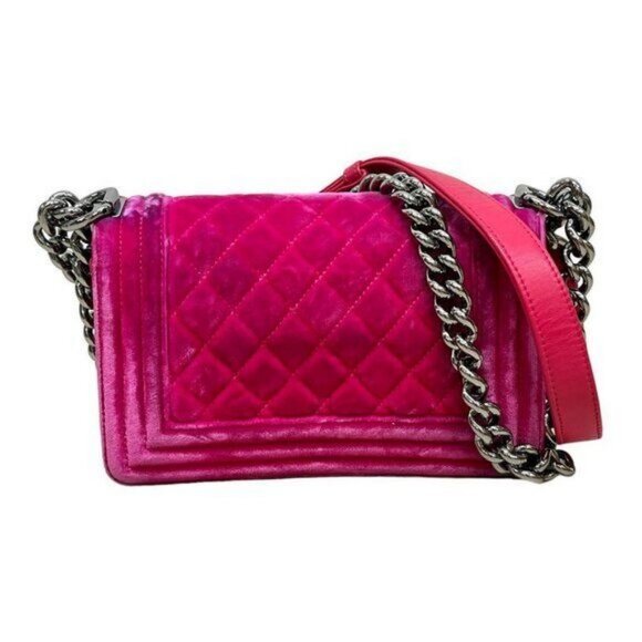 Authentic CHANEL Boy Flap Bag Quilted Chain Shoulder Bag Velvet Pink Fuchsia - Picture 2 of 14